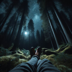 깊은밤, 숲속에 누워있는 장면 (The scene where you lie in the forest in the deep night) - obrazy, fototapety, plakaty