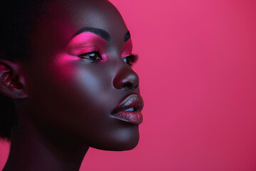 Afro woman's face and pink background. She wears red lipstick on her lips.