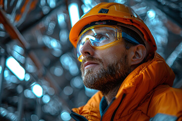 Portrait of a construction worker wearing a hard hat and goggles.