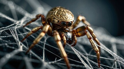 Golden steampunk spider potrait in a spider web - generative.ai - obrazy, fototapety, plakaty