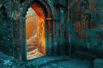 Sunken city, closeup on intricate doorway, empty, teal and orange hues, morning light, clear visibility