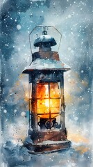 Weathered Vintage Lantern Glowing Amidst a Frosty Winter Wonderland Landscape
