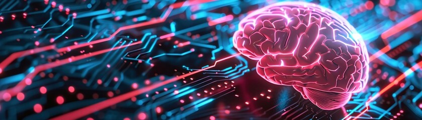 AI brain, closeup, tech background, neon highlights, highresolution graphic - obrazy, fototapety, plakaty