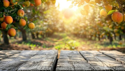 A wooden table with a view of an apple orchard by AI generated image - obrazy, fototapety, plakaty