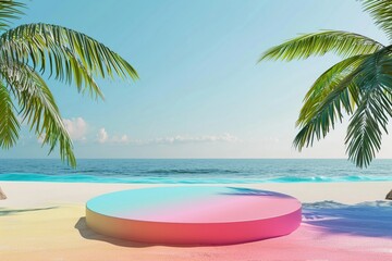 Summer travel 3D podium, colorful, empty beach backdrop, bright sunny day, space for destination display