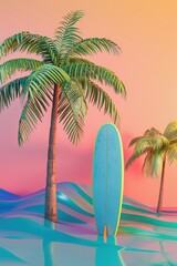 Fototapeta na wymiar Palm trees and surfboard, holiday escape, 3D clay render, colorful geometric abstraction