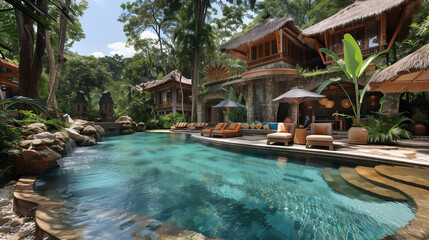 Luxury vacation home on a tropical island in Indonesia. Beautiful infinity pool with waterfalls in an exotic landscape. Relaxation area. Resort, bungalow and hotel concept of a trip on vacation in Bal