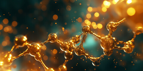 Biochemistry molecular or atom structure with golden colors in medical science, abstract background. macromolecule proteomics research technologies. 3D render.  - obrazy, fototapety, plakaty