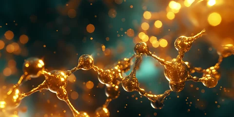 Fotobehang Biochemistry molecular or atom structure with golden colors in medical science, abstract background. macromolecule proteomics research technologies. 3D render.  © Lahiru