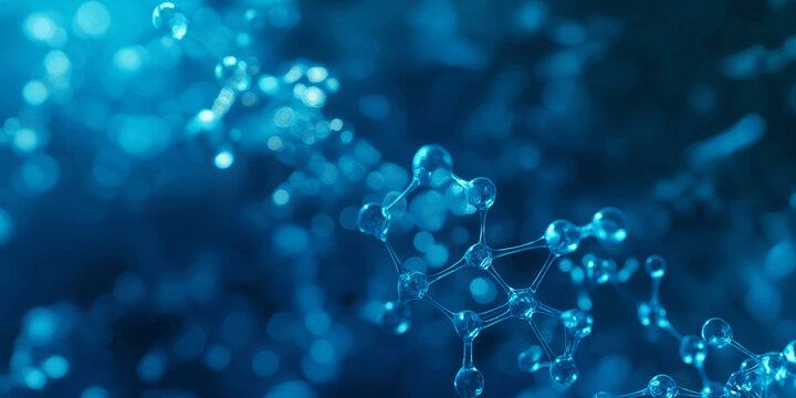 Biochemistry molecular or atom structure in medical science, blue abstract background. macromolecule proteomics research technologies. 3D render. 