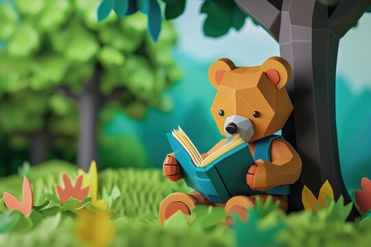 Bear reading under a tree, World Book Day, clay 3D, abstract geometric, vivid colors
