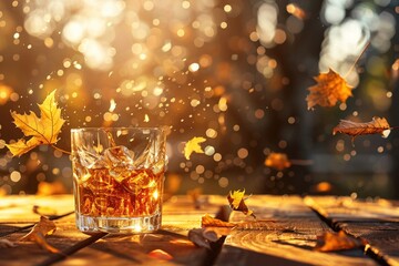 Closeup, whiskey tumbler, wooden bar outdoor, backdrop of falling leaves, autumn, warm tones, soft light