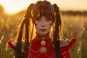 30-year-old woman wearing red warrior full-face without details in style of Facepaint with two high-pony-tails, hair bangs, brunette, gold hair braid jewelry, outside, golden hour, natural lighting  - obrazy, fototapety, plakaty
