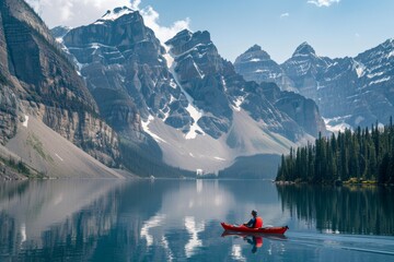 Serene Kayak Journey in Alpine Mountain Lake Reflection - obrazy, fototapety, plakaty
