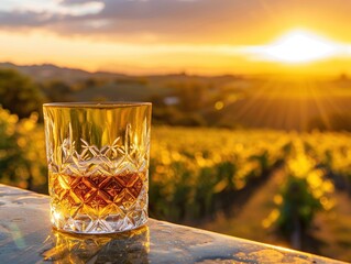 Aged whiskey in a crystal glass, closeup, sunset over vineyard backdrop, golden hour, warm...