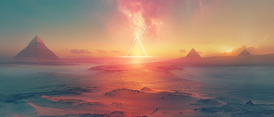 This ethereal scene showcases a constellation of luminous geometric forms, suspended above a tranquil fusion of soft desert sands and a tranquil, expansive sea. - obrazy, fototapety, plakaty