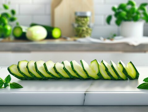 Fresh 3D zucchini slice, sharp detail, cook's white apron backdrop, clean food presentation