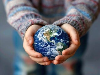 Kid holding the Earth, closeup, World Earth Day, clean minimal background