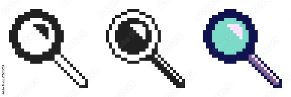 Poster pixel art style magnifier icon set in variant styles
