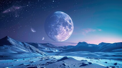 Craft a serene image of the moon's surface bathed in soft moonlight, set against the grandeur of a...