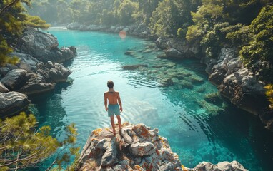 A man stands on a rock overlooking a body of water. The water is clear and blue, and the man is enjoying the view - Powered by Adobe
