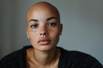 jeune femme chauve souffrant alopécie suite à un traitement de chimiothérapie pour soigner un cancer, espace pour texte sur le côté