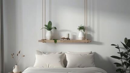 Minimalist hanging shelves in a serene bedroom setting, featuring stylish and functional shelf ideas for cozy living spaces - obrazy, fototapety, plakaty