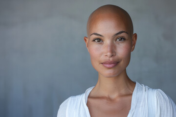 jeune femme chauve souffrant alopécie suite à un traitement de chimiothérapie pour soigner un cancer, espace pour texte sur le côté