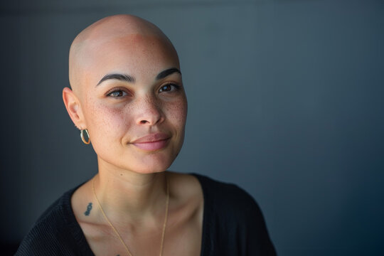 jeune femme chauve souffrant alop&eacute;cie suite &agrave; un traitement de chimioth&eacute;rapie pour soigner un cancer, petit tatouage dans le cou, espace pour texte sur le c&ocirc;t&eacute;
