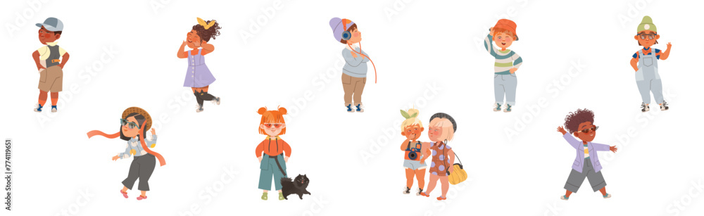 Wall mural Cute Fashionable Kids Wear Trendy Clothing Vector Set