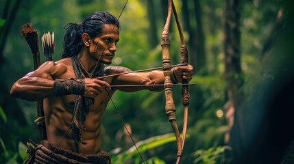 The warrior of tribe of traditional clothes, ornaments and coloring. Aims for shoots an archer. - obrazy, fototapety, plakaty