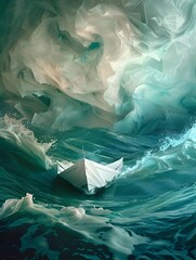 Fototapeta premium A Resilient Paper Boat Navigating Turbulent Seas a Conceptual Representation of Navigating Life s Challenges with Courage and Determination