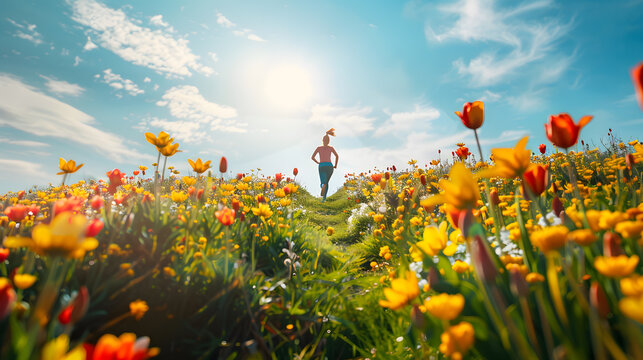 lady running on a mountain among tulips and sunflowers