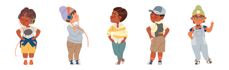 Cute Fashionable Kids Wear Trendy Clothing Vector Set