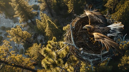Bald Eagle Spreads Its Wings In The Nest, Overlooking A Lush Forest, Captured From Above By A Drone At Golden Hour. Biodiversity, Birdwatching, and Wildlife. AI Generated