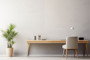 A clean and modern office workspace with a sleek desk and a single potted plant, highlighting simplicity in design