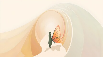 Person Emerging from Cocoon as Vibrant Butterfly Symbolizing Transformation and New Beginnings, Watercolor Biblical Illustration ,copy space , minimalist - obrazy, fototapety, plakaty