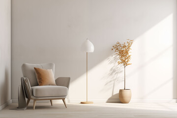 A minimalist interior with a cozy armchair and a floor lamp, creating a serene atmosphere with just a few essential elements - obrazy, fototapety, plakaty