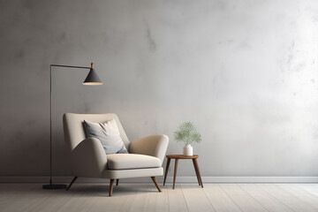 A minimalist interior with a cozy armchair and a floor lamp, creating a serene atmosphere with just a few essential elements