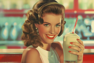 A retro-style advertisement featuring a glamorous woman enjoying a soda fountain drink, harkening back to the golden age of advertising