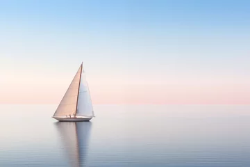 Zelfklevend Fotobehang A simple yet striking image of a lone sailboat gliding across a calm sea against a minimalist horizon © The Origin 33