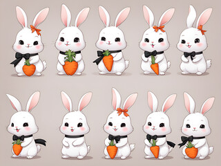 Naklejka premium Cute rabbit, holding carrots in hand, with a bow around the neck, multiple poses and expressions ，hand drawn rabbit emoticon pack, white and black rabbit logo