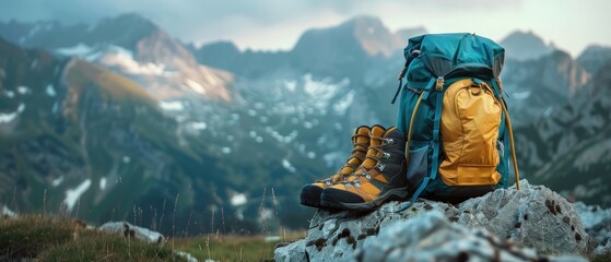 A pair of brown hiking boots are on a rock in front of a mountain by AI generated image