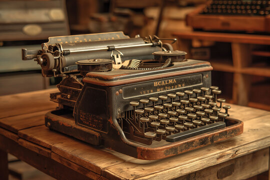 An antique typewriter sitting on a wooden desk, reminiscent of the bygone days of manual typewriting