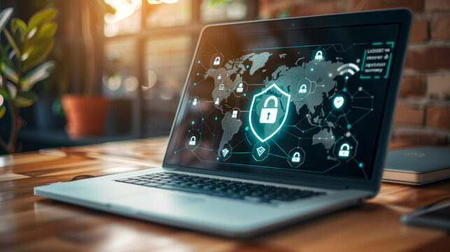 laptop with a screen displaying digital security symbols and a world map, symbolizing global cyber protection against data. 