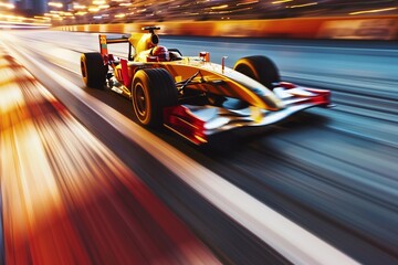 A dynamic scene explodes with vibrant colors and high-resolution textures, bringing a high-speed race on a racetrack to life. Blurred motion captures the thrilling intensity - obrazy, fototapety, plakaty