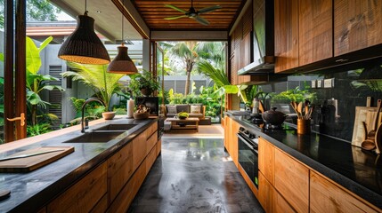Image of beautiful luxury & clean kitchen room with tropical style. Photographed during day time in bali, indonesia.