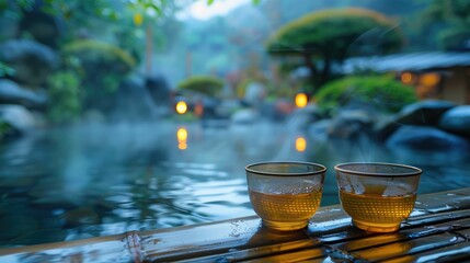 Tea wellness spa experience, a tranquil setting with herbal teas beside a steamy natural hot spring