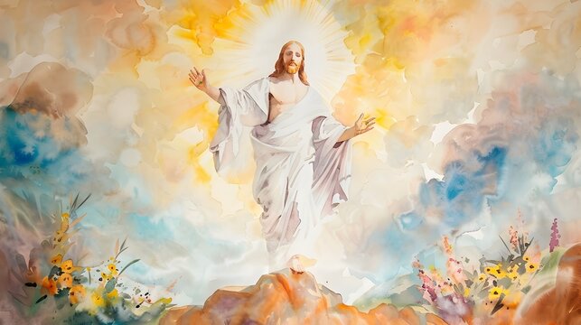 Vibrant Watercolor Painting of the Resurrection of Jesus Symbolizing Hope and Victory Over Death, Watercolor Biblical Illustration ,copy space , minimalist