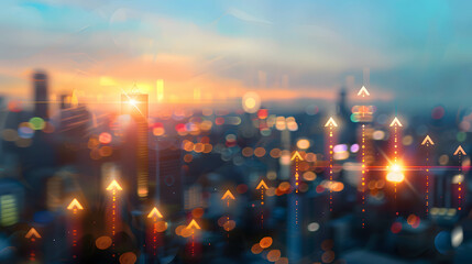 A blurred city skyline with arrows pointing towards different investment opportunities - obrazy, fototapety, plakaty